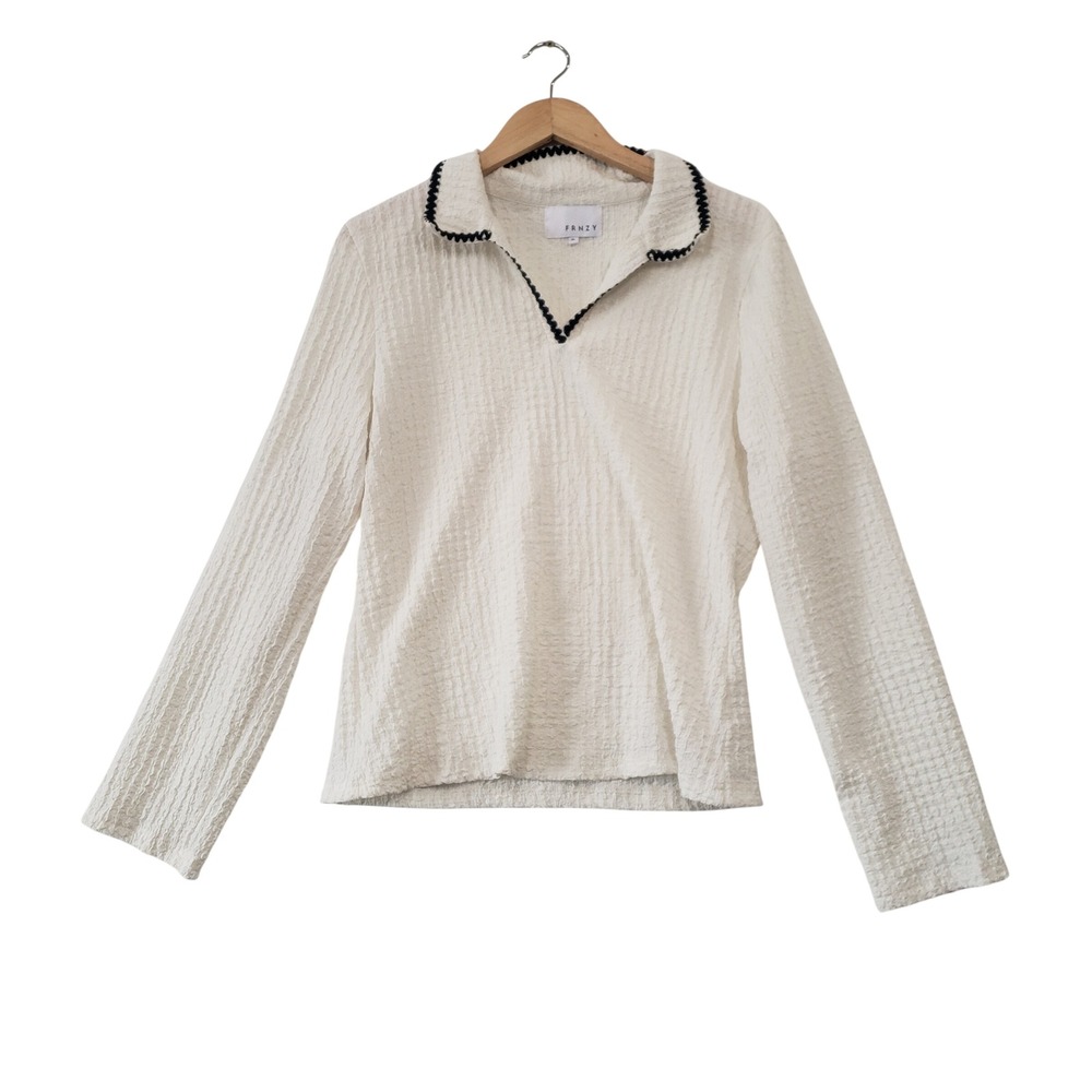 FRNZY‎ Textured Long Sleeve Polo Top Womens XL Cream Black Trim Coastal Preppy